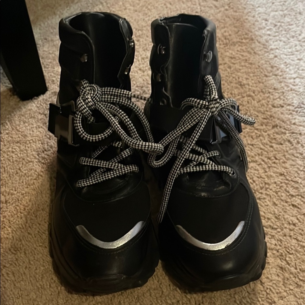 Black and Silver Combat Moto / Hiking Boots with High-Top Design